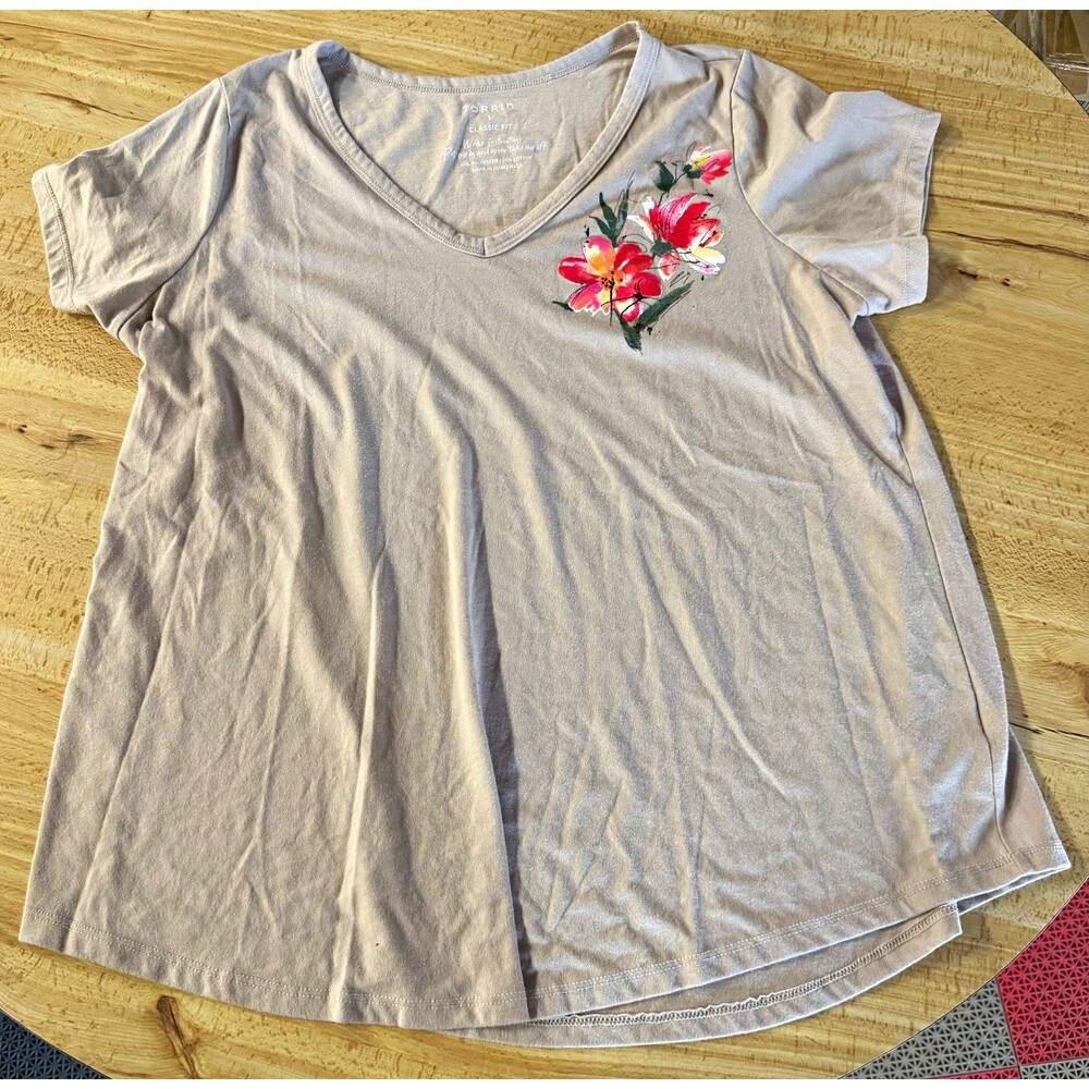 Torrid Womens Plus Sz 1 Gray V-Neck Short Sleeve Classic Fit Floral Tee